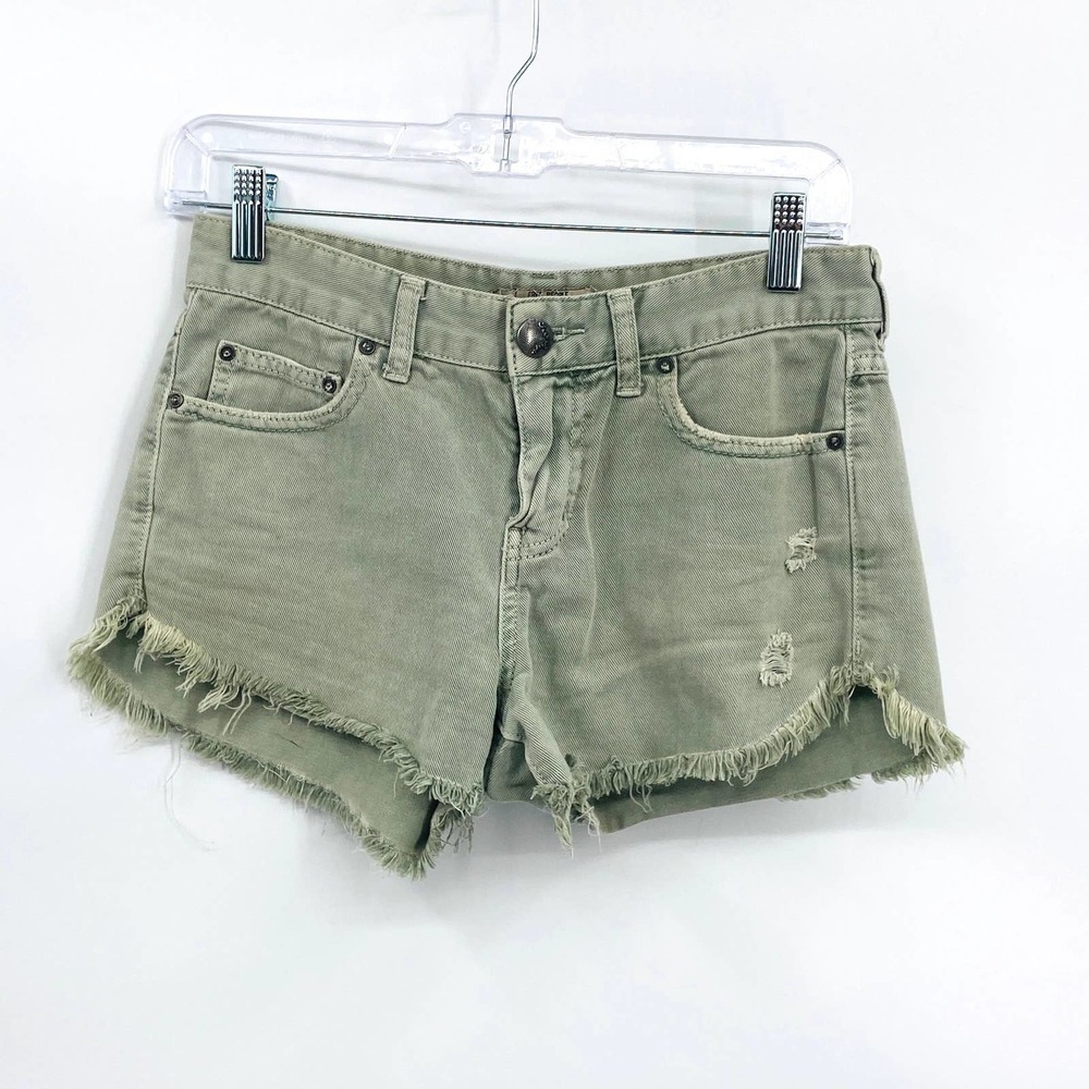 FREE PEOPLE Green Distressed Mid Rise Raw Hem Denim Shorts Size 24